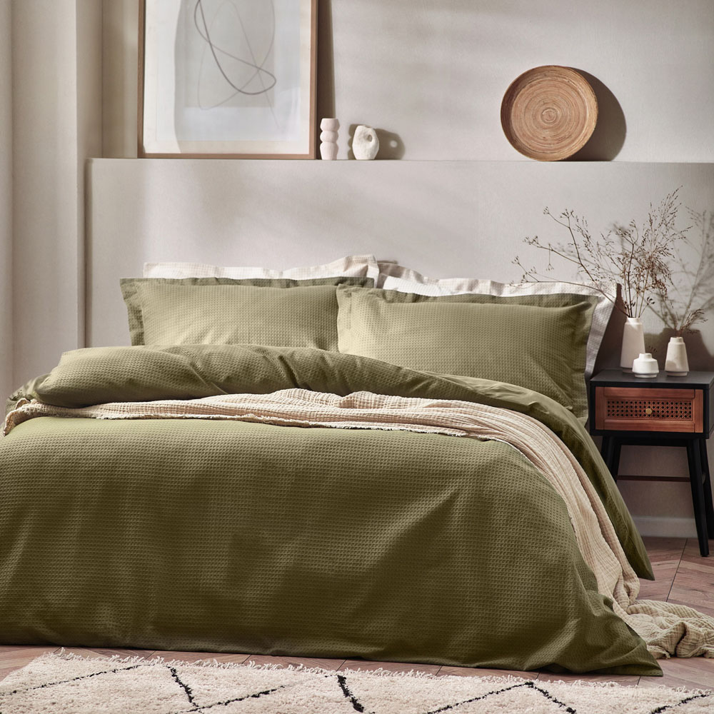 Yard King Size White Olive Waffle Duvet Set Image 3