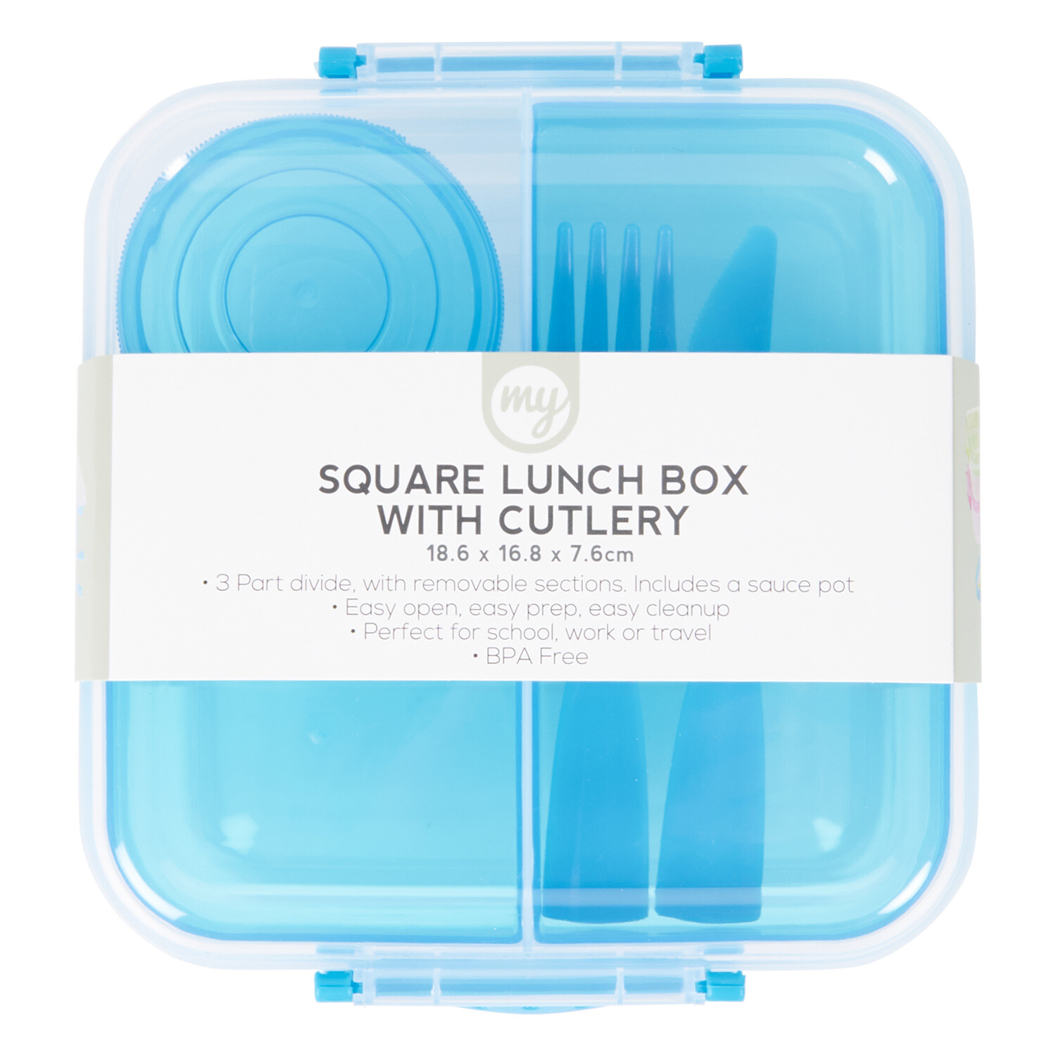Square Lunch Box with Cutlery Pink or Blue Image 2