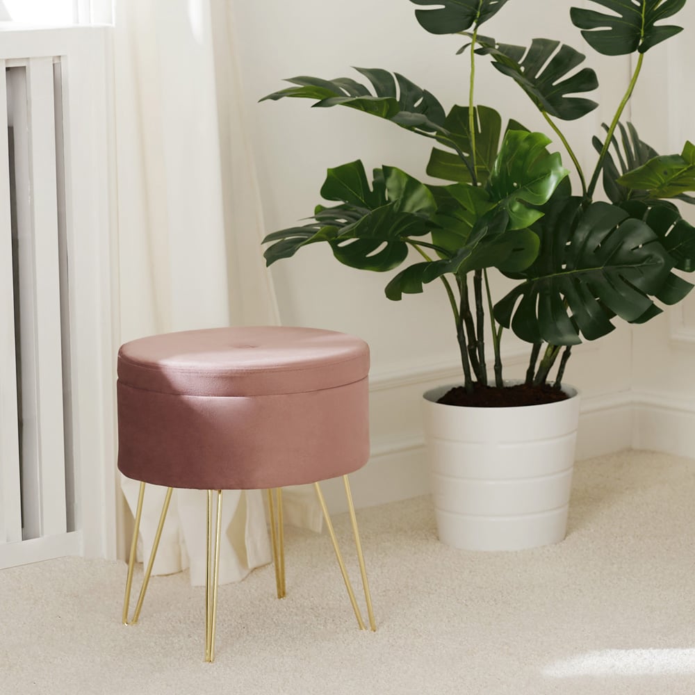 tectake Ava Rose Velvet Look Padded Round Stool with Storage Image 8