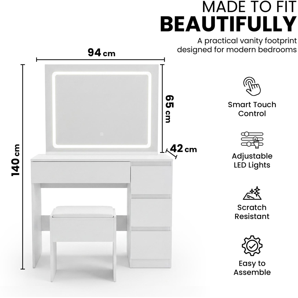 Portland 4 Drawer White Dressing Table Set with LED Mirror Image 9