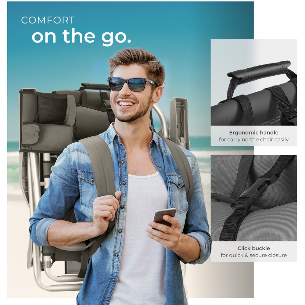 tectake Coral Set of 2 Grey Foldable Beach Chair with Backpack Image 4