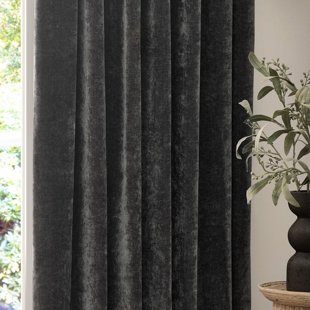 Yard Heavy Charcoal Chenille Velvet Pencil Pleat Curtains 117 x 137cm Image 2