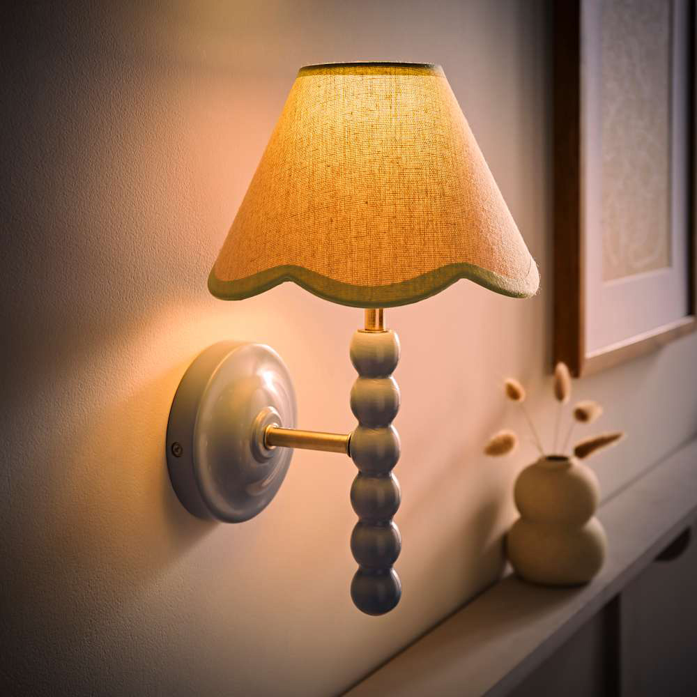 ValueLights Green Trim Scallop Shade Blue Bobbin LED Wall Light with Bulb 2 Pack Image 2