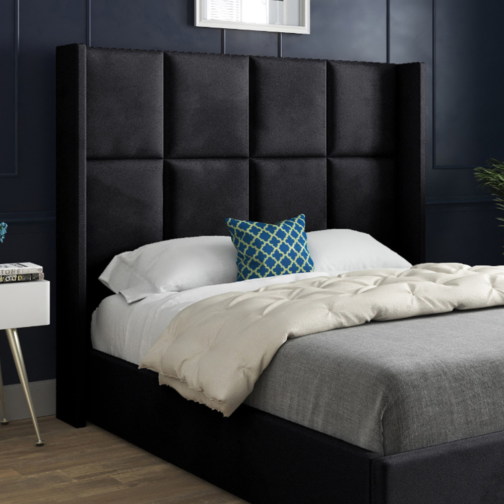Quanta King Size Black Soft Velvet Upholstered Bed Frame with Straight Winged Headboard Image 3