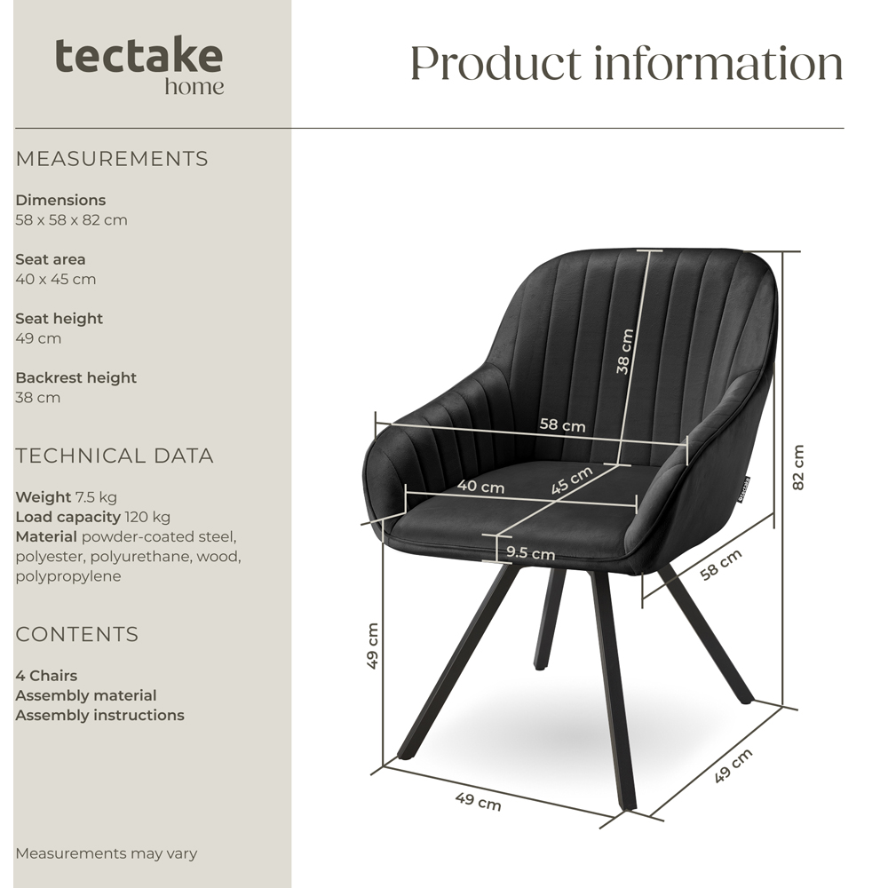 tectake Set of 4 Black Velvet Fabric Lounge Armchair Image 9