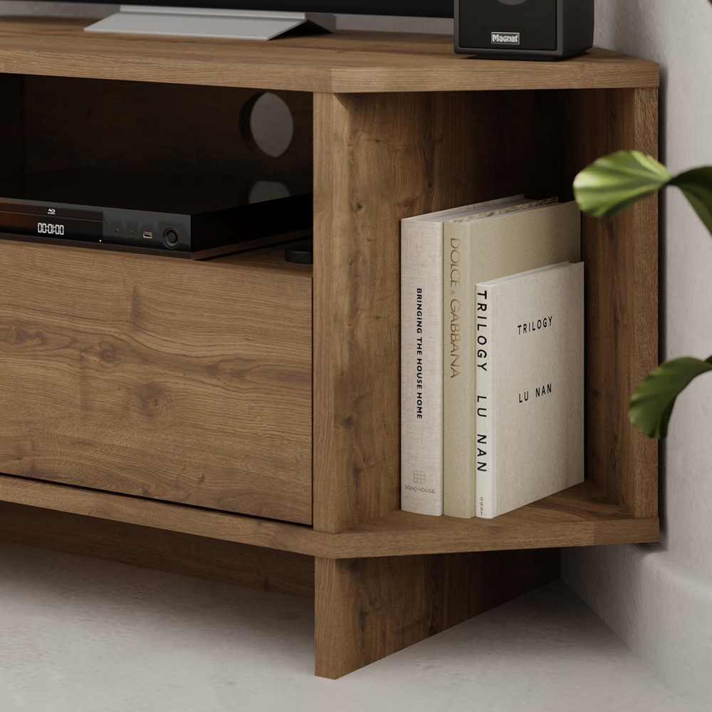 Decortie Viva 3 Shelf Single Cabinet Dark Oak Finish Modern Corner TV Stand Image 3