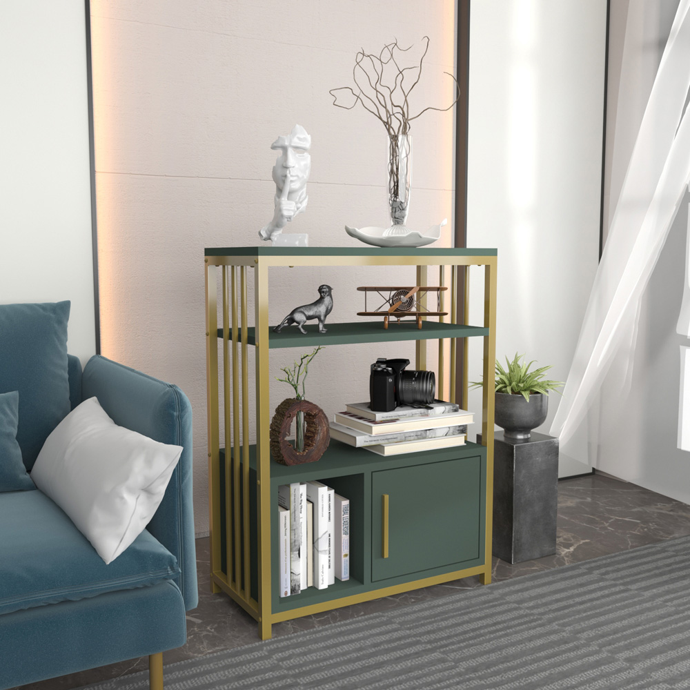 Decorotika Letos Single Door 3 Shelf Green and Gold Bookshelf Image 5