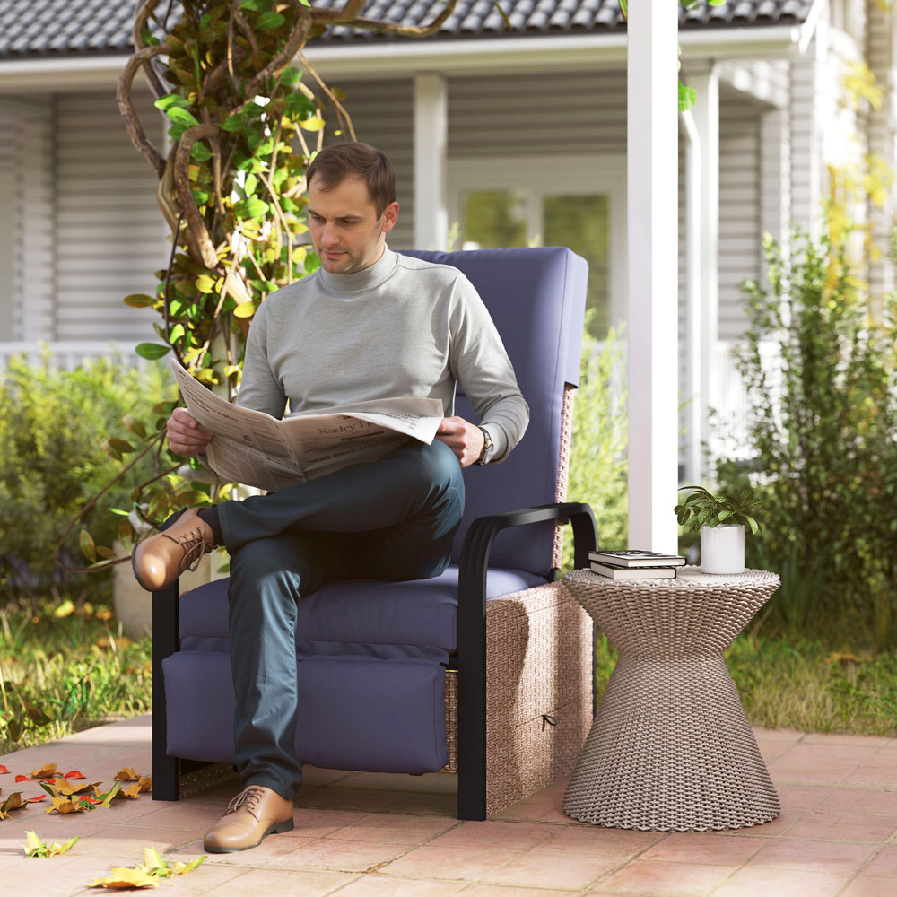 Outsunny Brown and Blue Rattan Garden Recliner Chair Sun Lounger with Side Tray Image 3