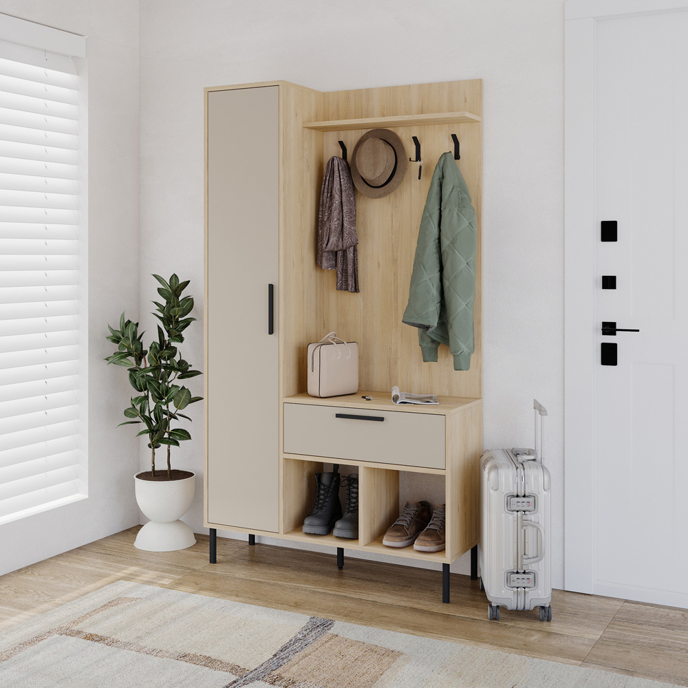 Decortie Acton Single Door Single Drawer Sapphire Oak Sandstone Entryway Coat Rack with Shoe Storage Image 5