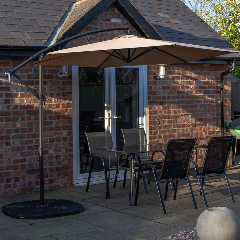 Samuel Alexander 4 Seater Glass Top Garden Dining Table with Beige Banana Parasol and Base 3m Image 1