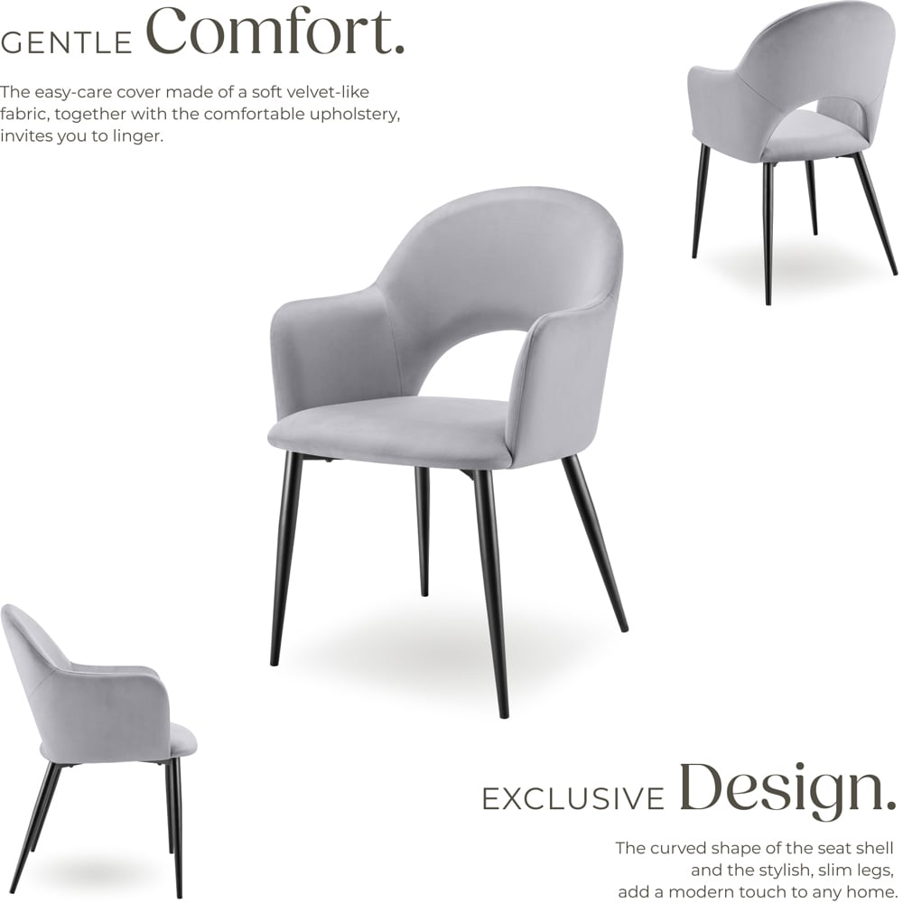 tectake Sasha Set of 6 Light Grey Velvet Look Dining Chair Image 3