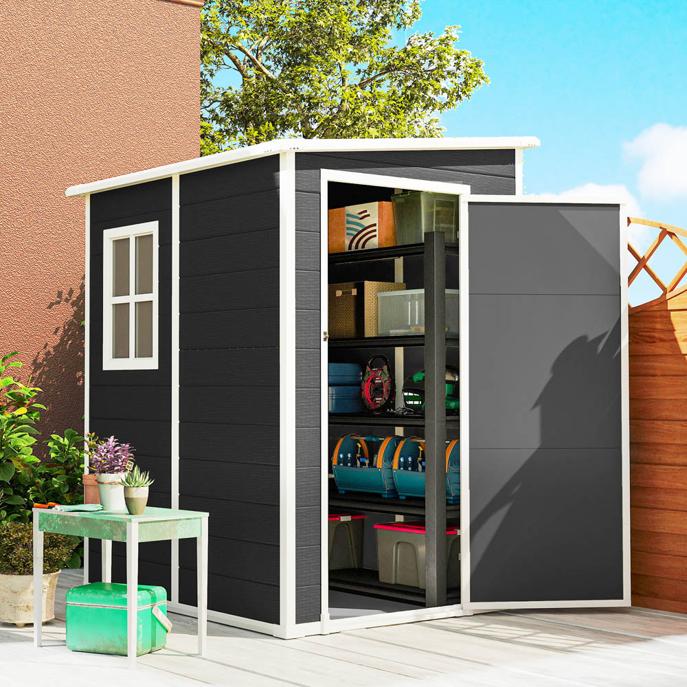 Outsunny 4 x 5ft Black Plastic Lockable Pent Garden Shed with Lean To Image 2