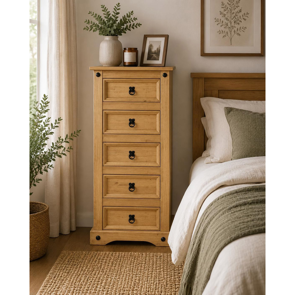 Mews Corona Waxed Pine 5 Drawer Narrow Chest of Drawers Image 7
