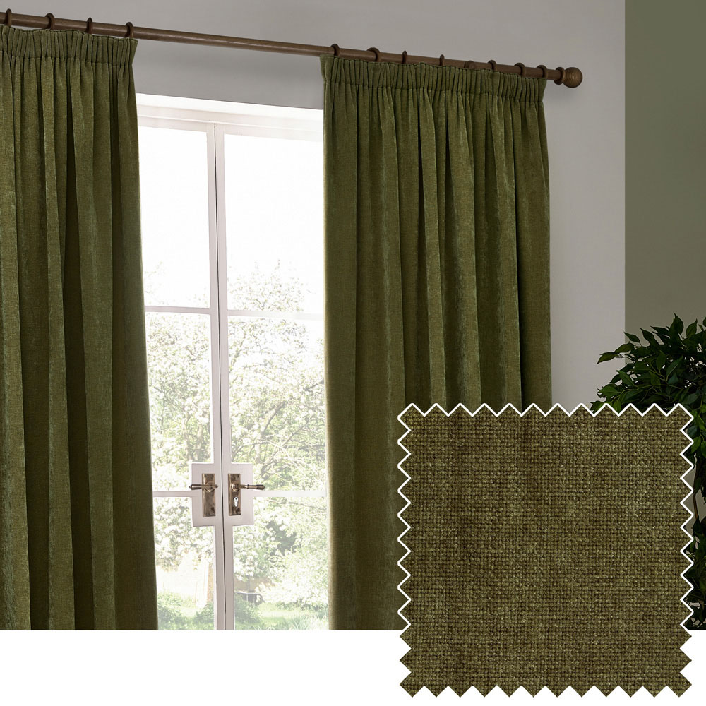 Yard Heavy Olive Chenille Velvet Pencil Pleat Curtains 229 x 229cm Image 4