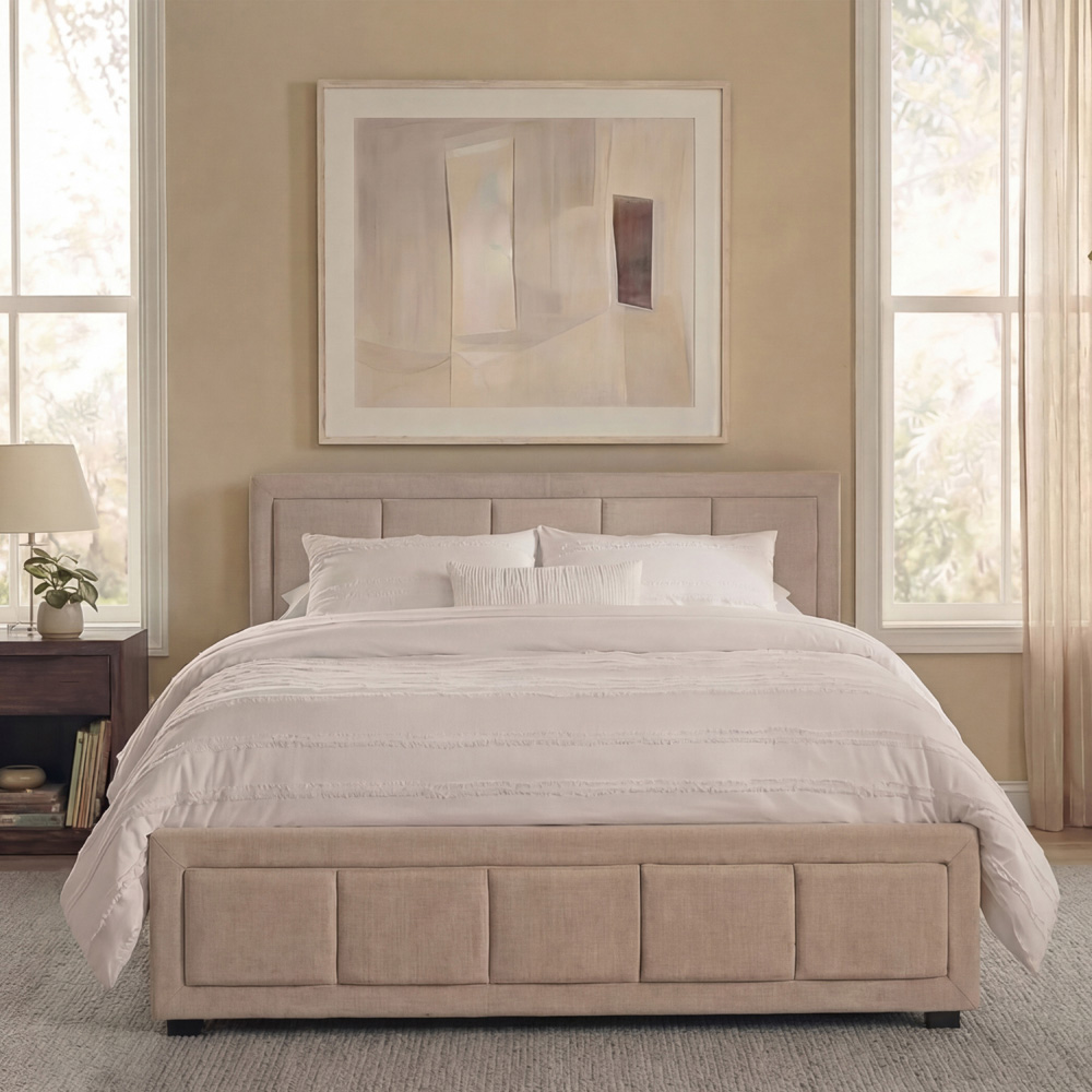 VIDA DESIGNS Vanita Double Beige Linen Ottoman Bed with Padded Headboard Image 3