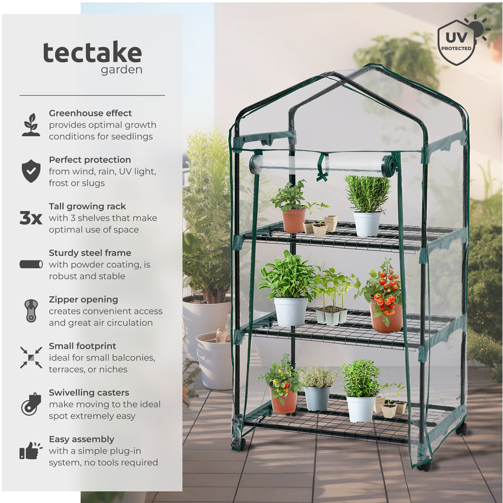 tectake 3 Shelf 1.6 x 2.2ft Greenhouse with Tarpaulin Cover and Wheels Image 6