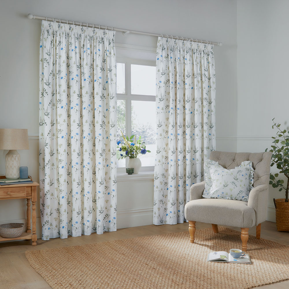 Wylder Nature Meadow Lined Pencil Pleat Curtains White and Cornflower 229 x 183cm Image 6