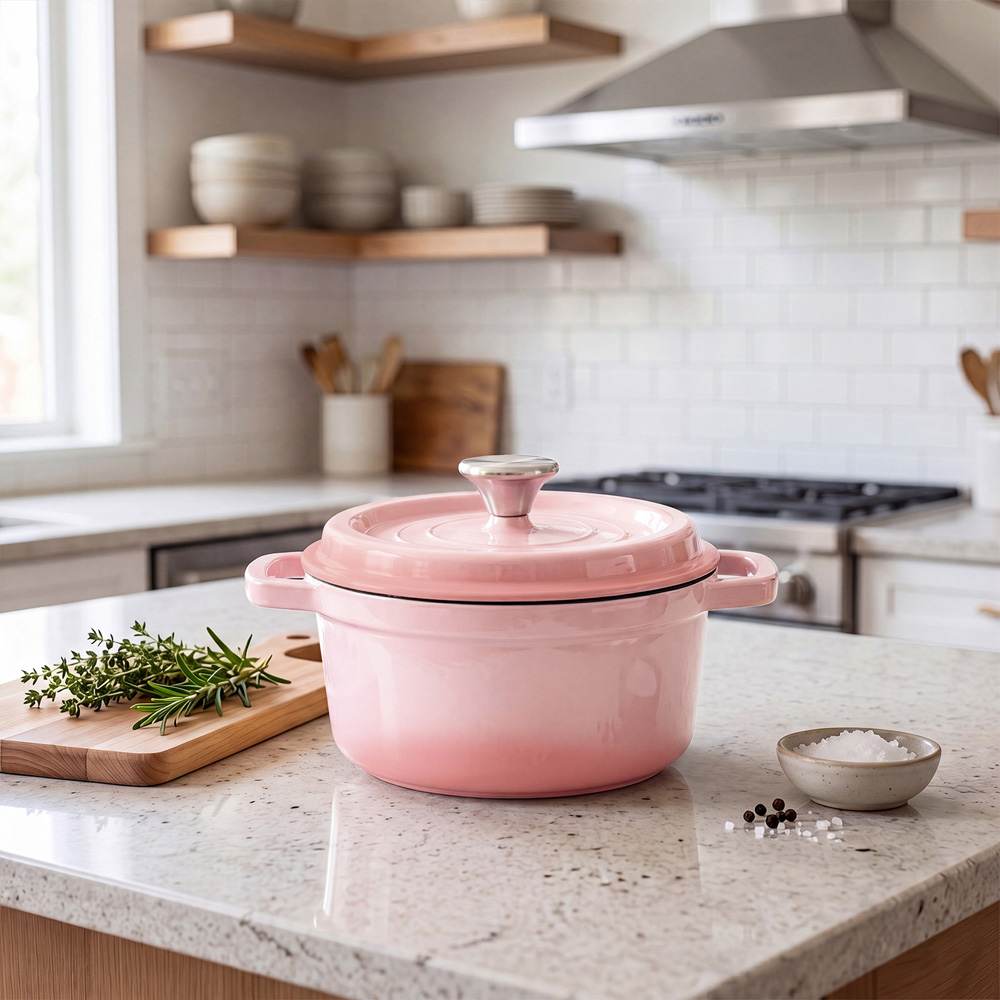 Living and Home Gradient Pink Enamelled Cast Iron Dutch Oven Pot 6L Image 2