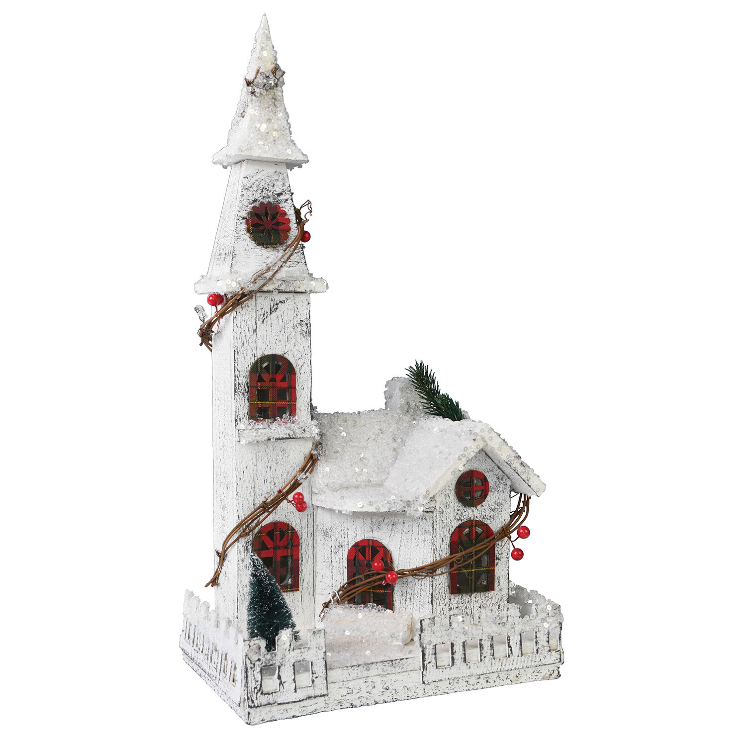 Whimsical Cheer White and Tartan LED Church Christmas Decoration Image 2