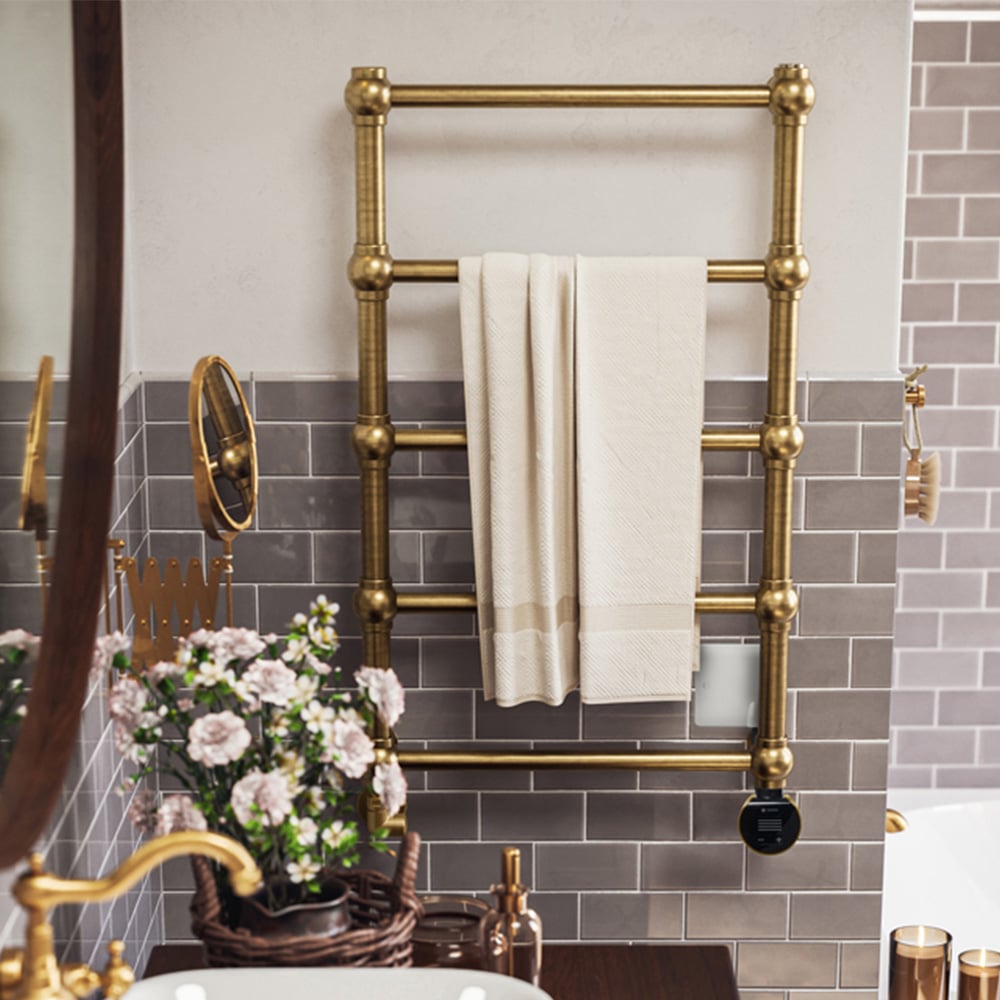 Terma Retro Brushed Brass Electric Towel Rail with VEO Element Controller 800 x 504mm Image 2
