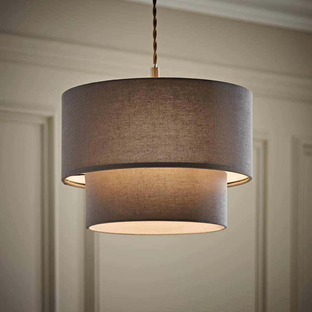 ValueLights Jodie 2 Tier Grey Linen Ceiling Drum Lamp Shade Image 3