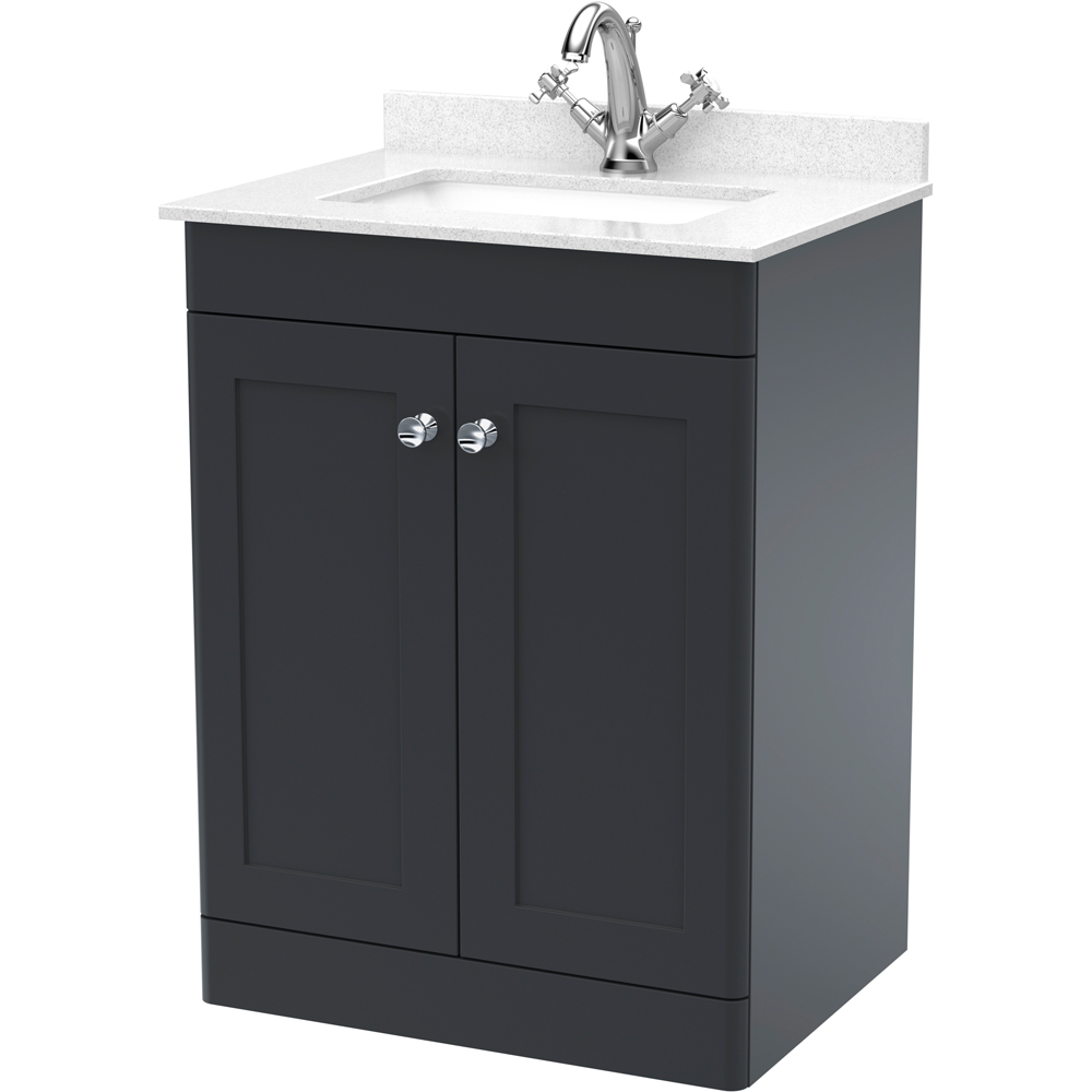 nuie Classique 2 Door Soft Black Floor Standing Unit and 1 Tap Hole Marble Top Square Basin 600mm Image 1