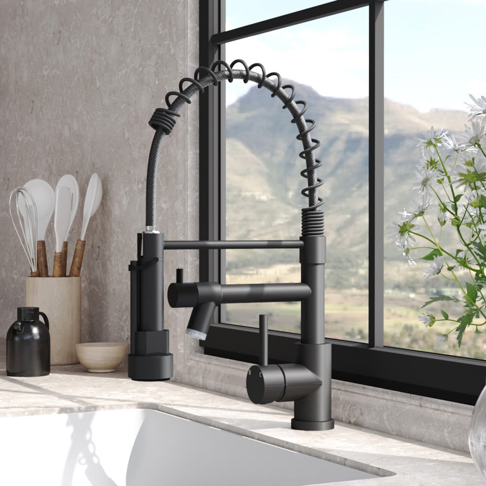 Living and Home Black 304 Stainless Steel Dual Spout Swivel Kitchen Faucet with LED Light Image 2