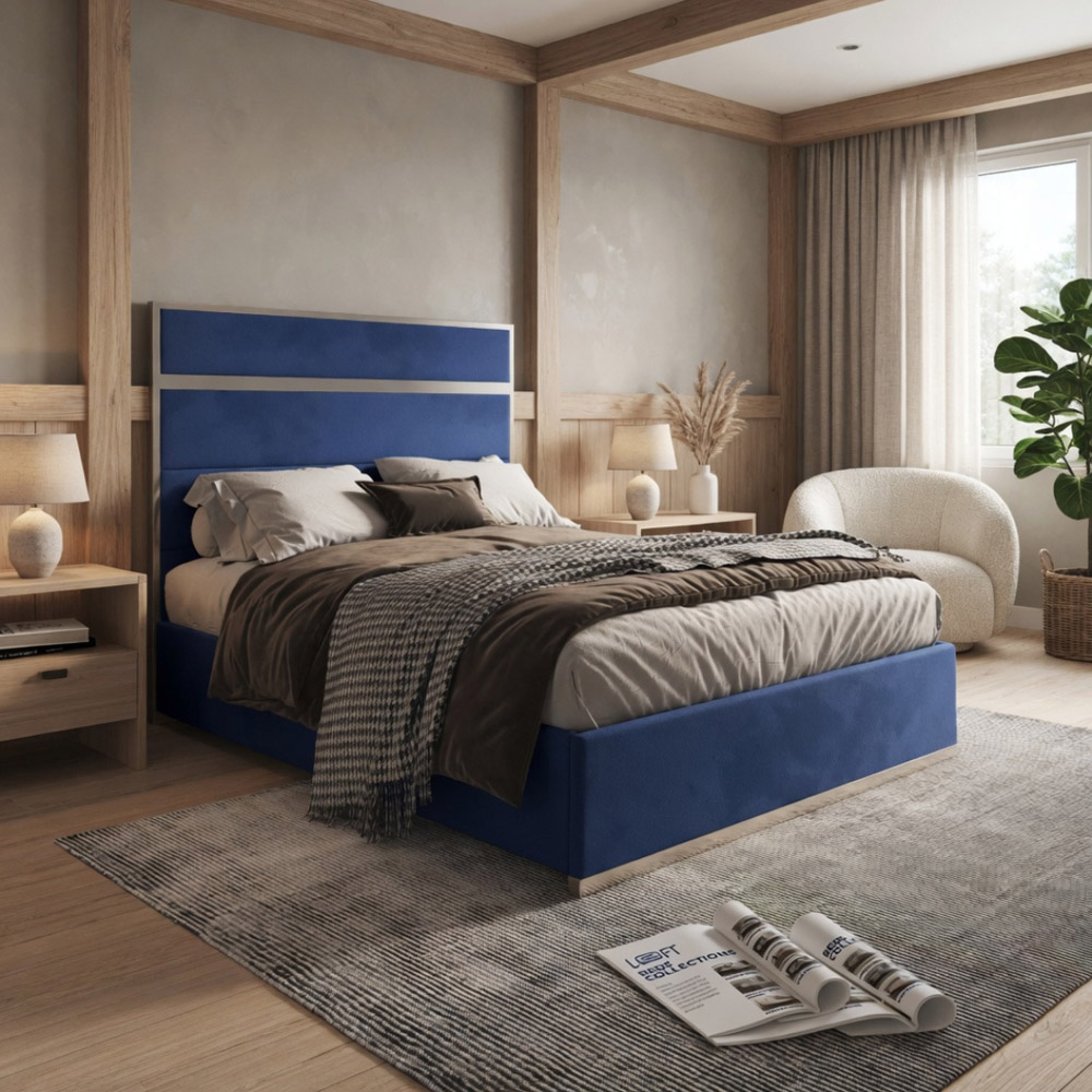 Bentley Blue Super King Size Velvet Upholstered Metal Bed Frame with Panelled Headboard Image 5