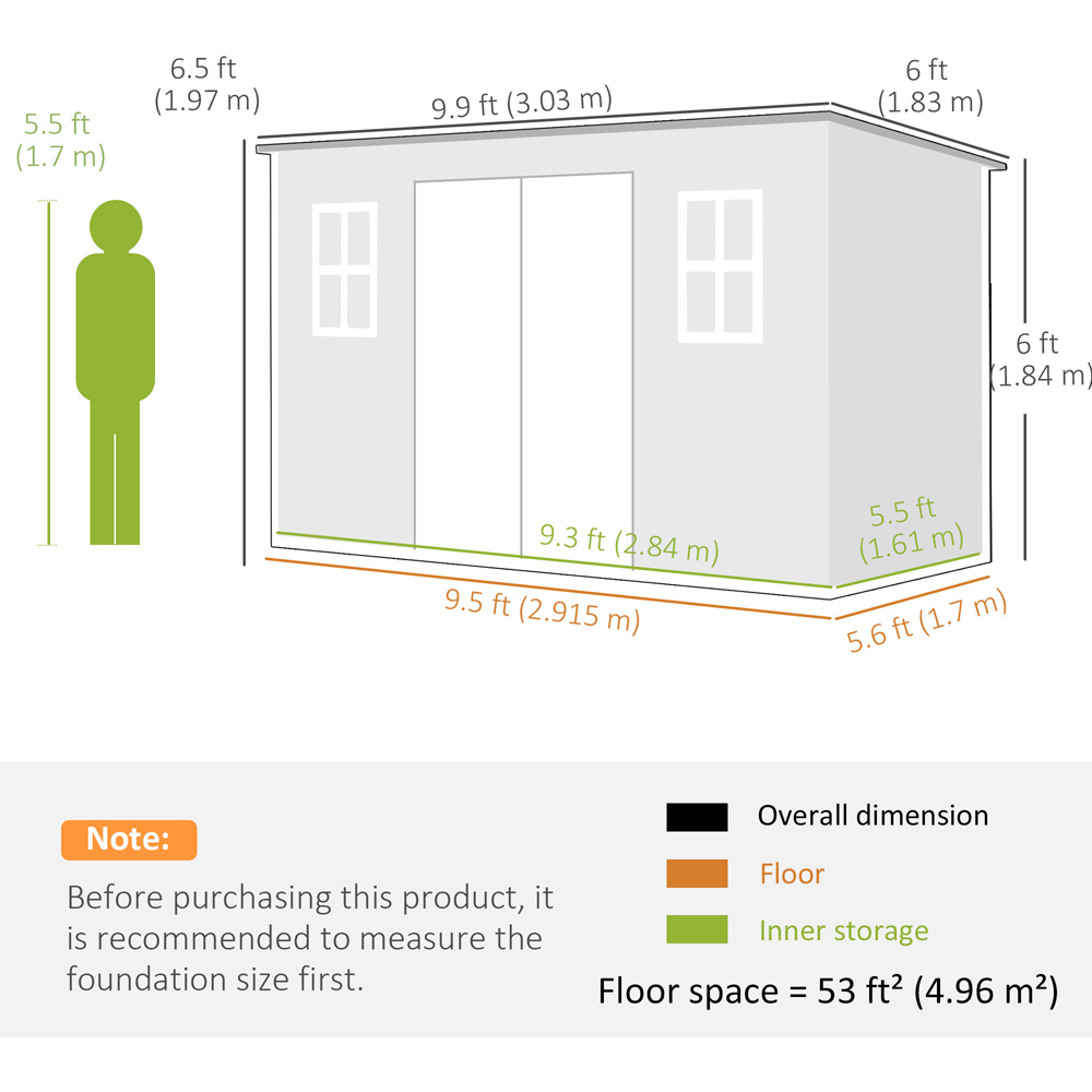 Outsunny 10 x 6ft Grey Pent Garden Shed with Built-In Floor Image 9