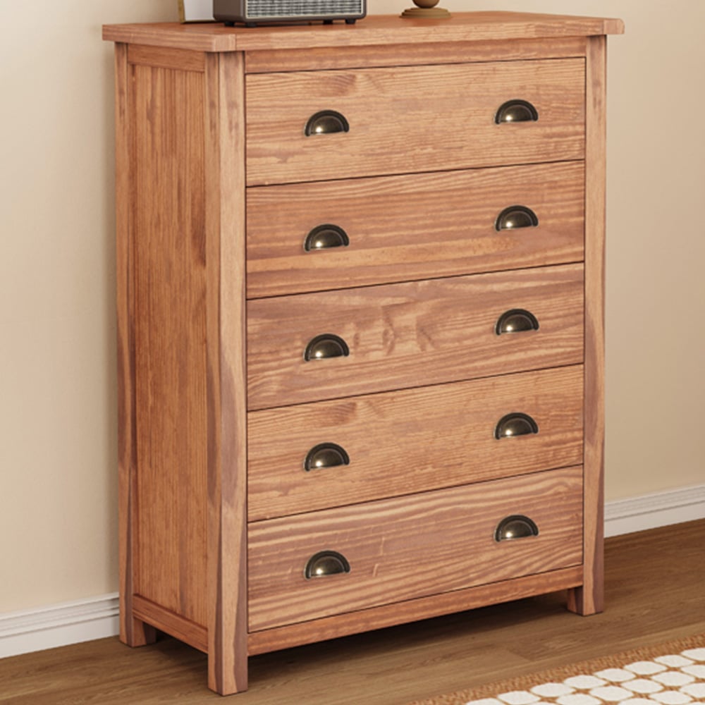Cabinet Bits Padua 5 Drawer Brown Brass Cup Handle Chest of Drawers Image 1