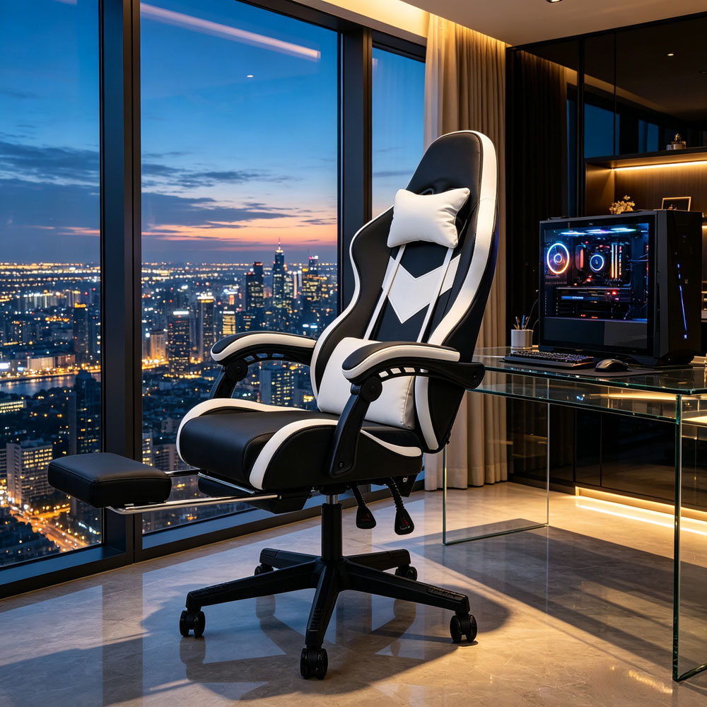 Living and Home White and Black Fabric Gaming Chair with Footrest Image 7