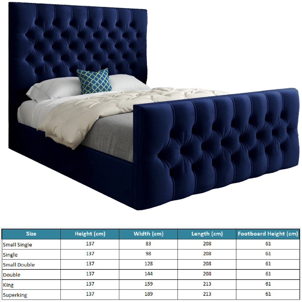 Novara Blue Small Single Velvet Upholstered Bed Frame with Pleated Chesterfield Headboard Image 7