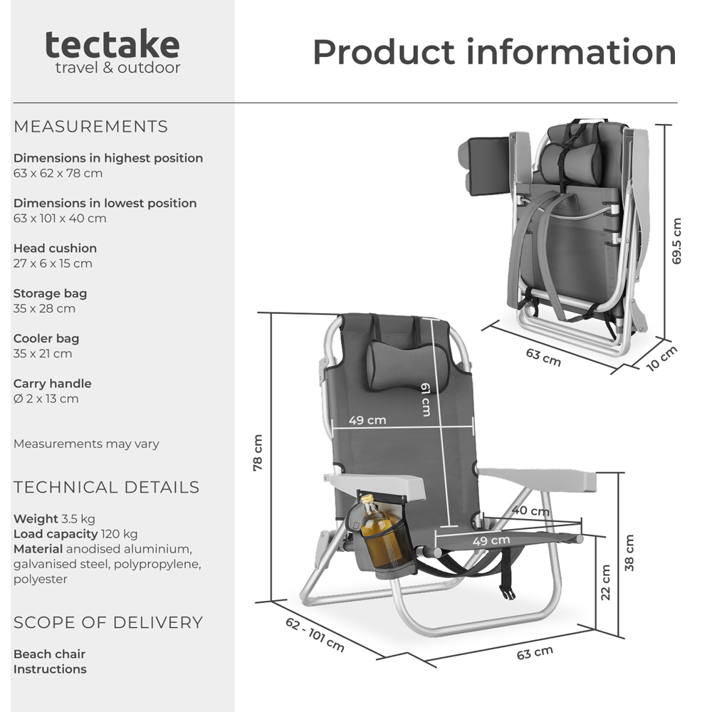 tectake Coral Grey Foldable Beach Chair with Backpack Image 9