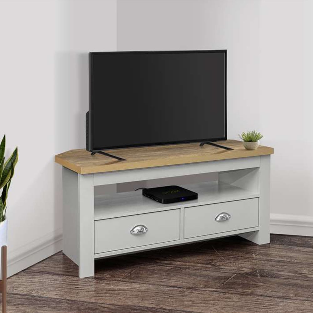 Highgate 2 Drawer Grey and Oak Corner TV Unit Image 7