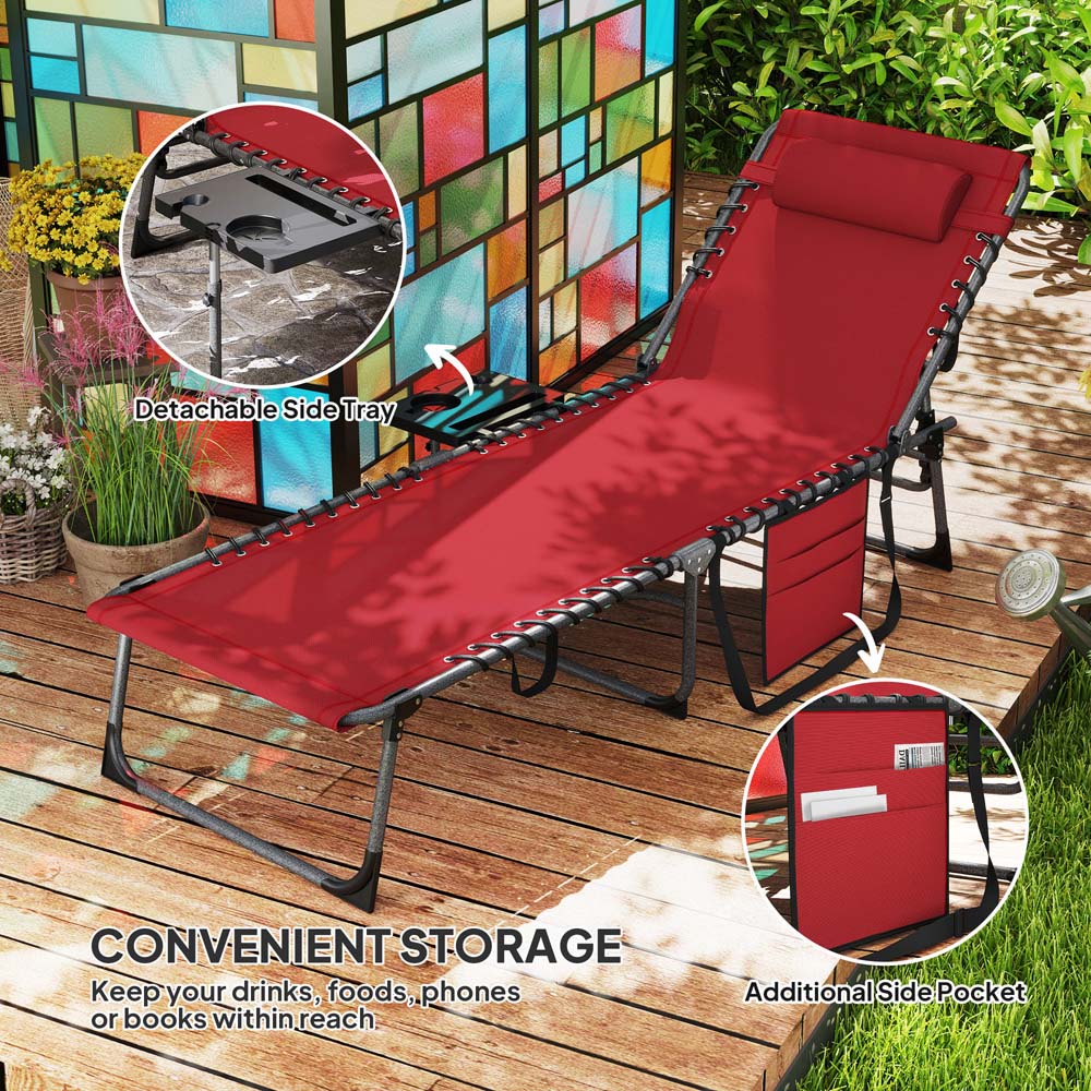 Outsunny Red 5 Level Adjustable Folding Sun Lounger with Side Table Image 6