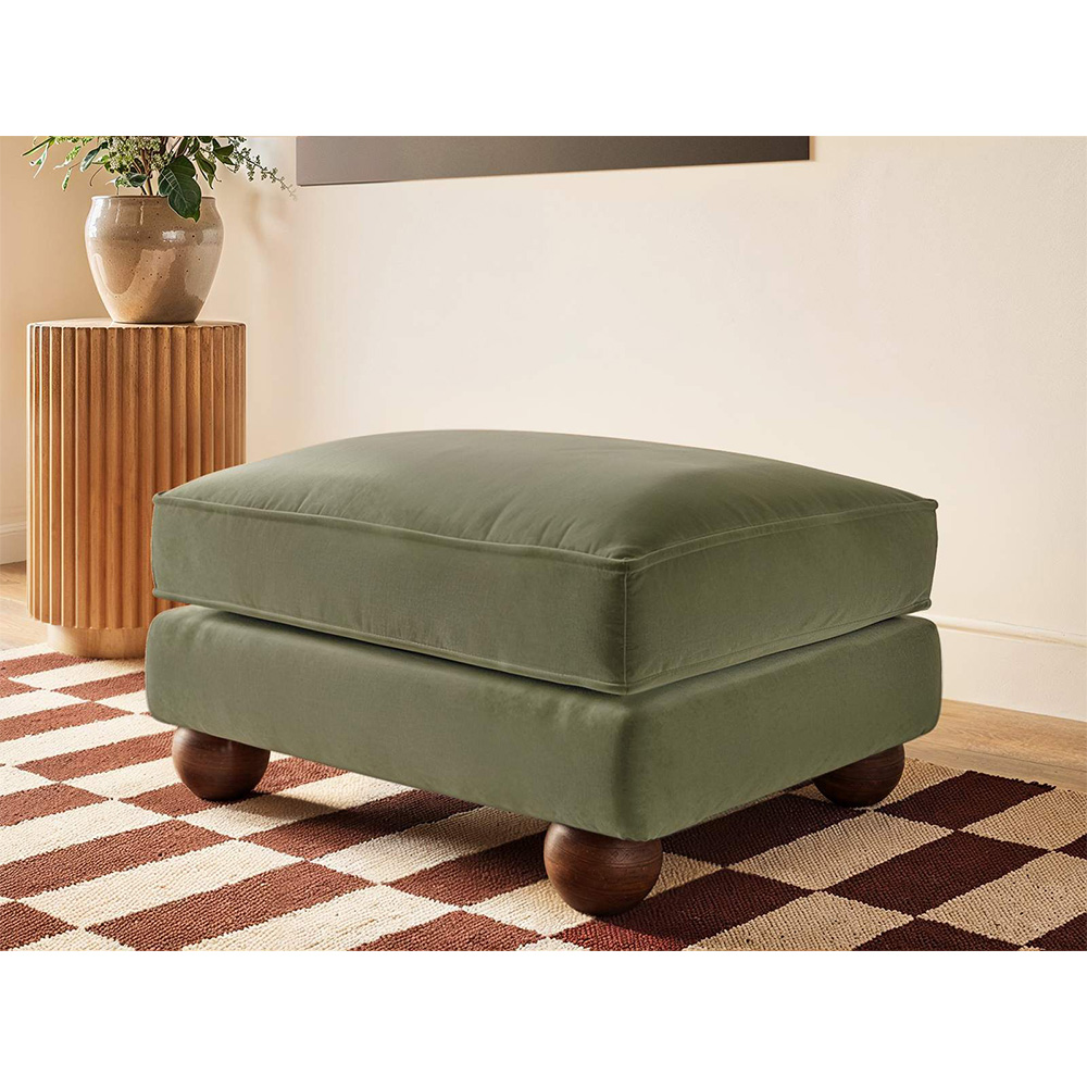Solace+Co Addison Khaki Green Velvet Wooden Footstool Image 4