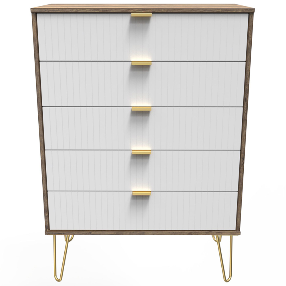 Crowndale 5 Drawer White Matt and Vintage Oak Wide Chest of Drawers Ready Assembled Image 3