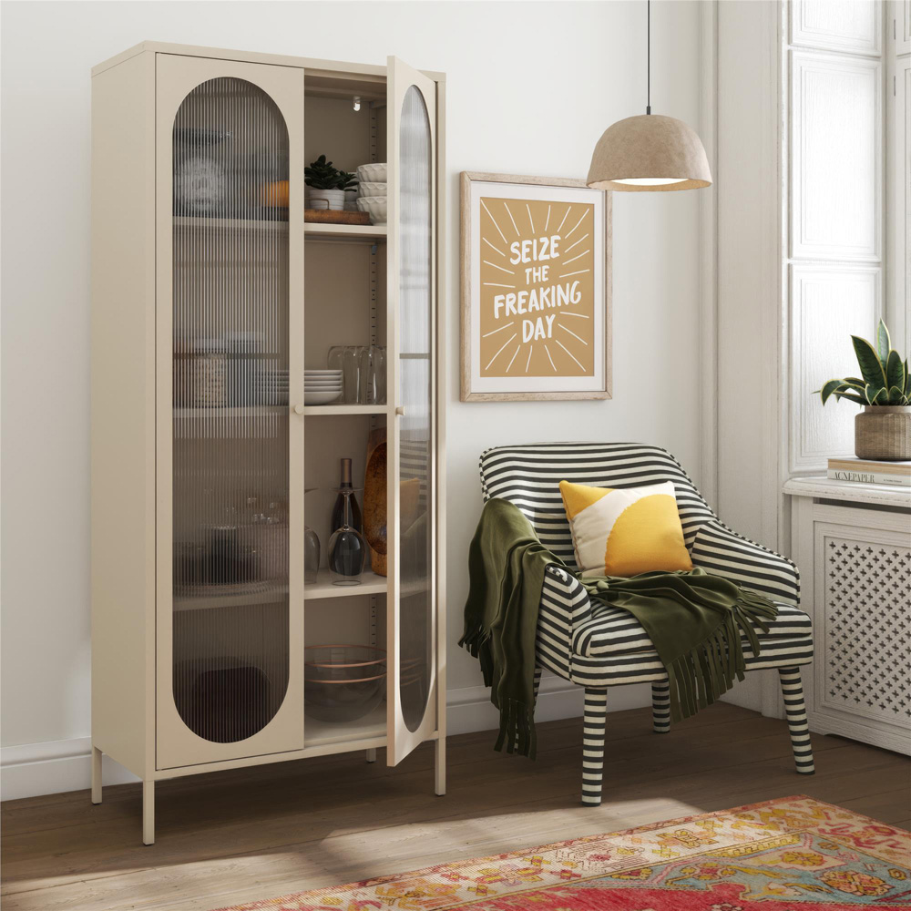 Dorel Luna 2 Door Tall Parchment Fluted Glass Accent Cabinet Image 7