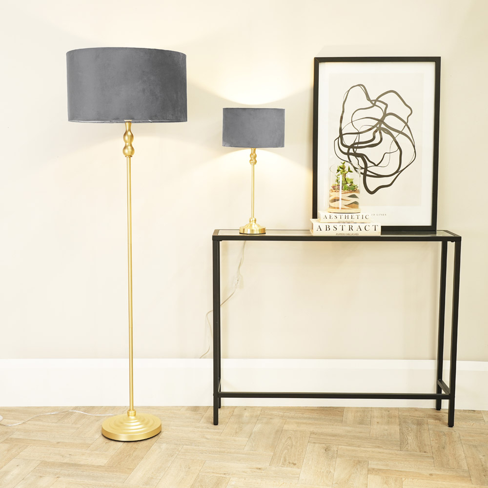 ValueLights Maggie Grey Velvet and Gold Drum Shade Candlestick LED Table Lamp Image 4
