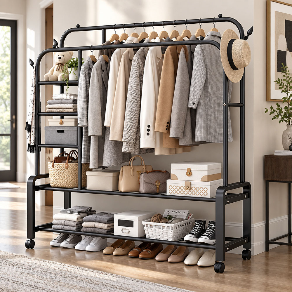 Modcraft 6 Shelf Black Heavy Duty Double Clothes Rail with Wheels Image 2