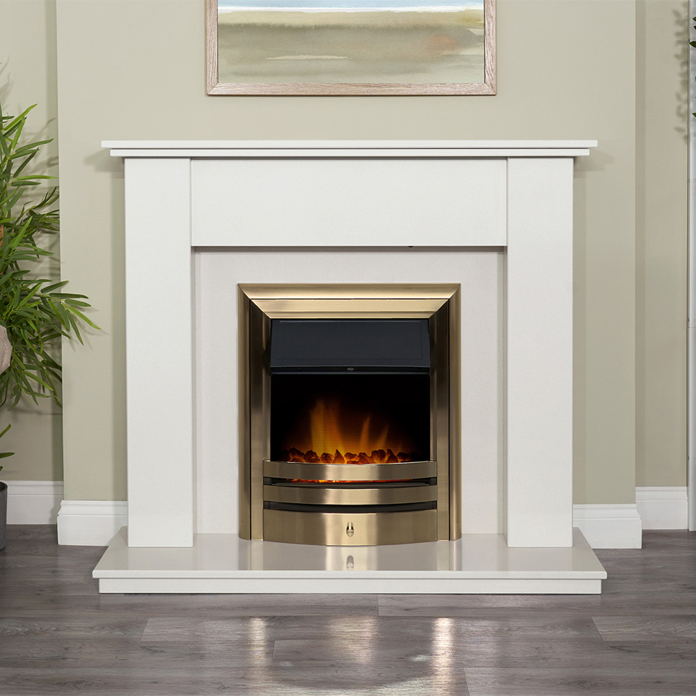 Adam Avila White Marble Fireplace with Brass Vela Electric Fire 48 Inch Image 6