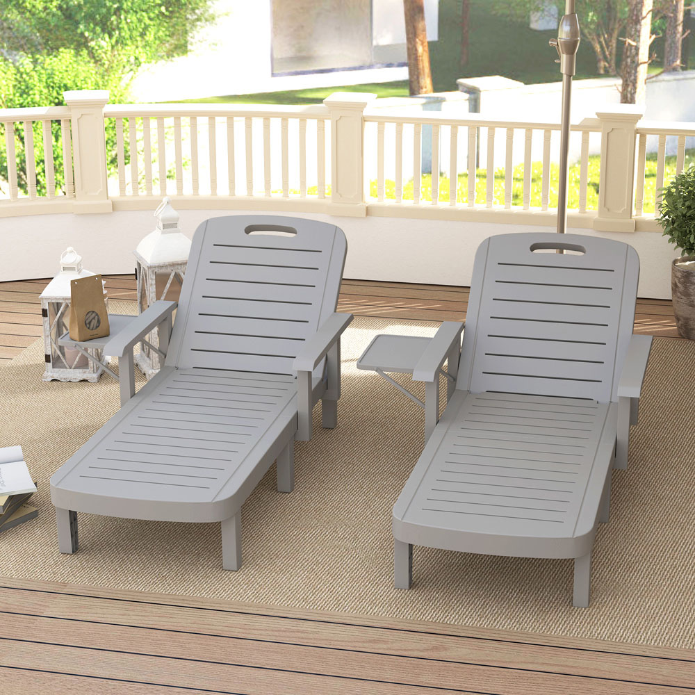 Outsunny Set of 2 Light Grey Resin Sun Lounger with Side Table Image 4