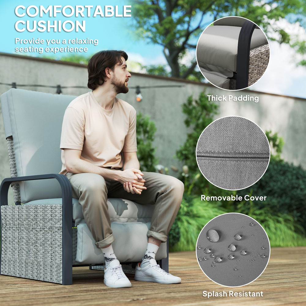 Outsunny Grey Rattan Garden Recliner Chair Sun Lounger with Side Tray Image 6