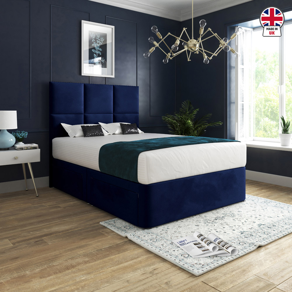 Caprio Blue Double Upholstered Divan Bed Frame with Floorstanding Cube Headboard Image 6