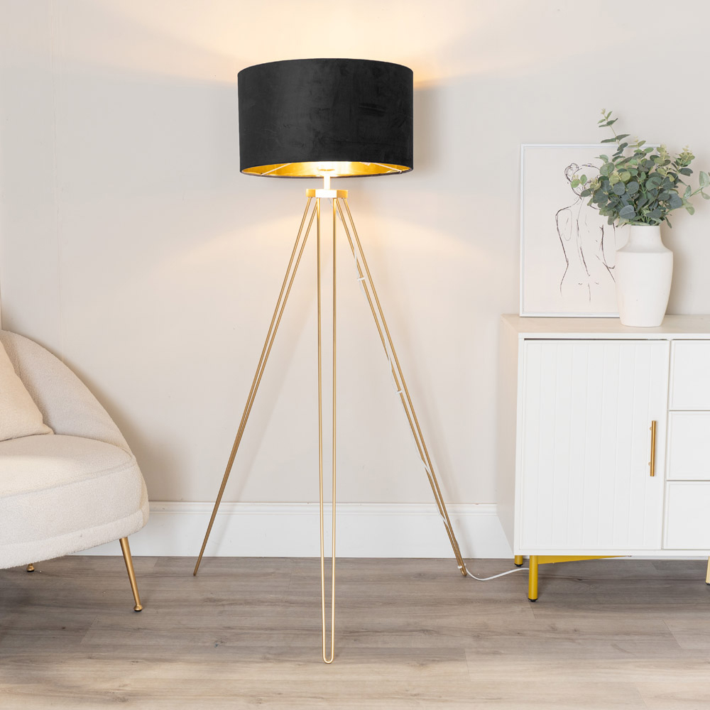 ValueLights Aero Gold Hairpin Tripod LED Floor Lamp with Black and Gold Velvet Drum Lamp Shade Image 3
