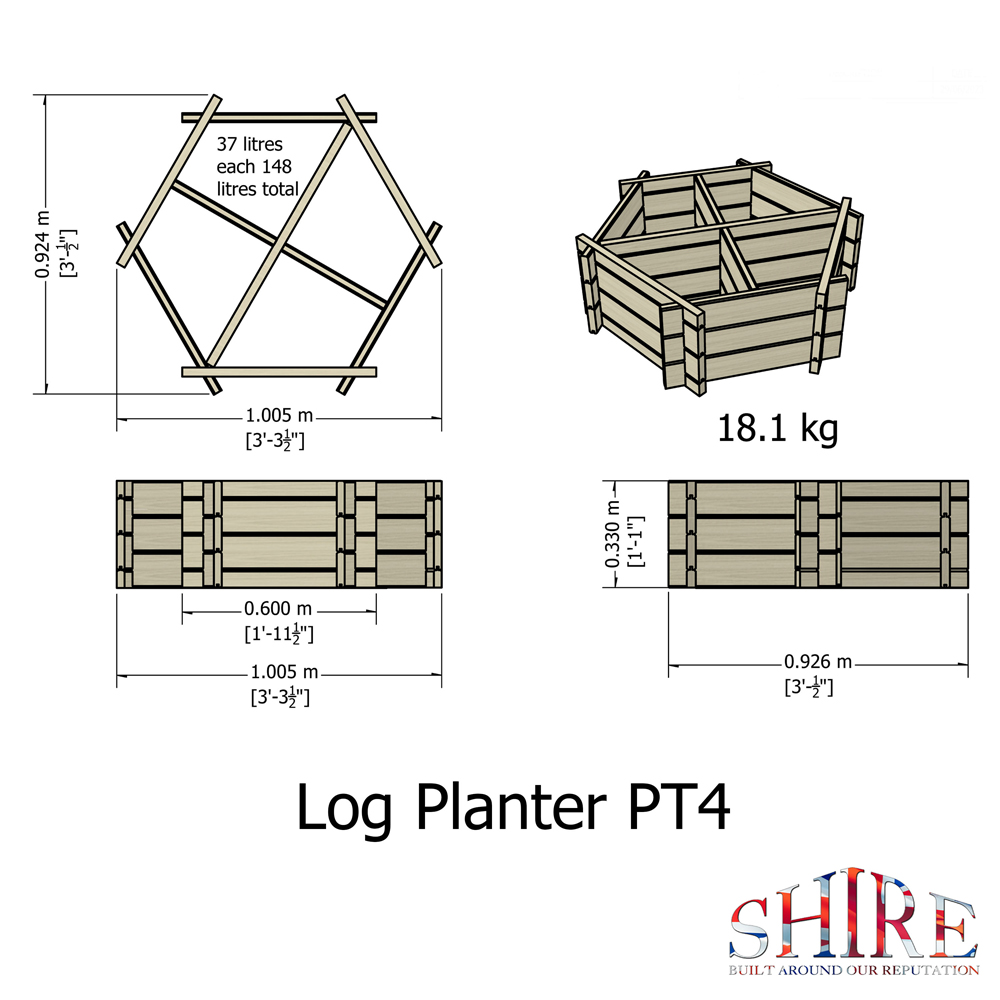 Shire GB 4 Plant Larch Wood Hexagonal Planter 100cm Image 3