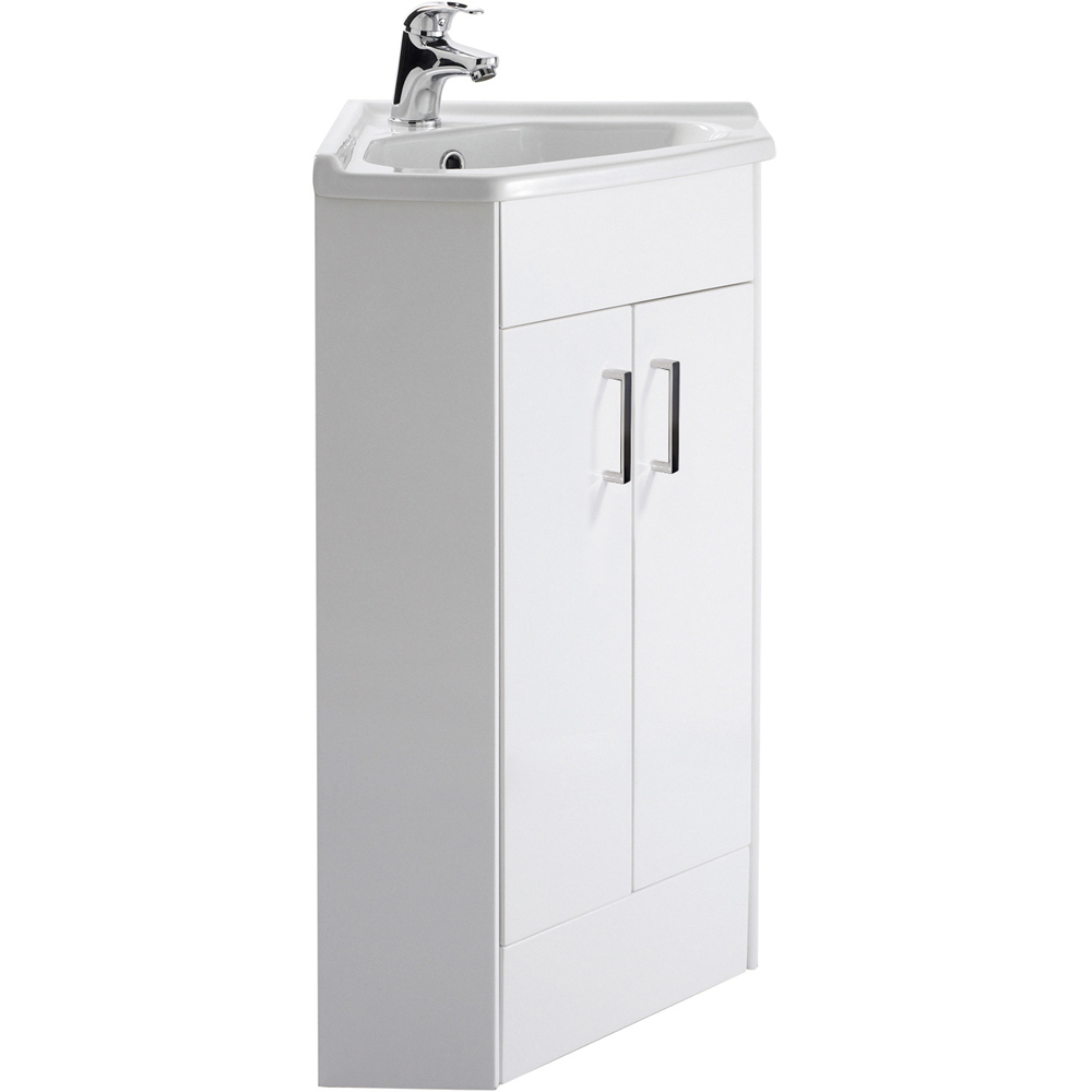 nuie Mayford 2 Door Gloss White Floor Standing Corner Vanity Unit with Ceramic Basin 385mm Image 1