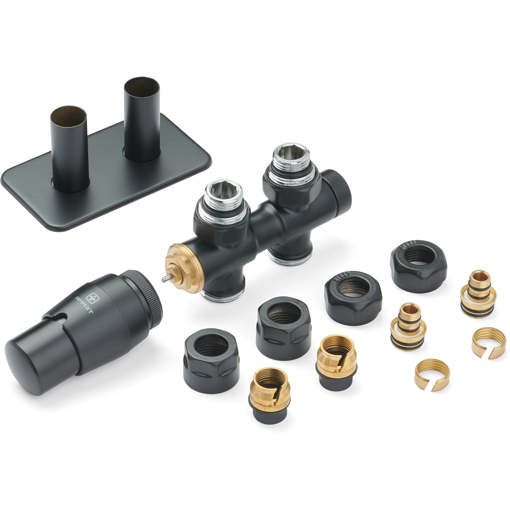 Terma Vario Sparkling Matt Black Twins Straight Integrated Thermostatic Radiator Valve Set 50mm Image 2