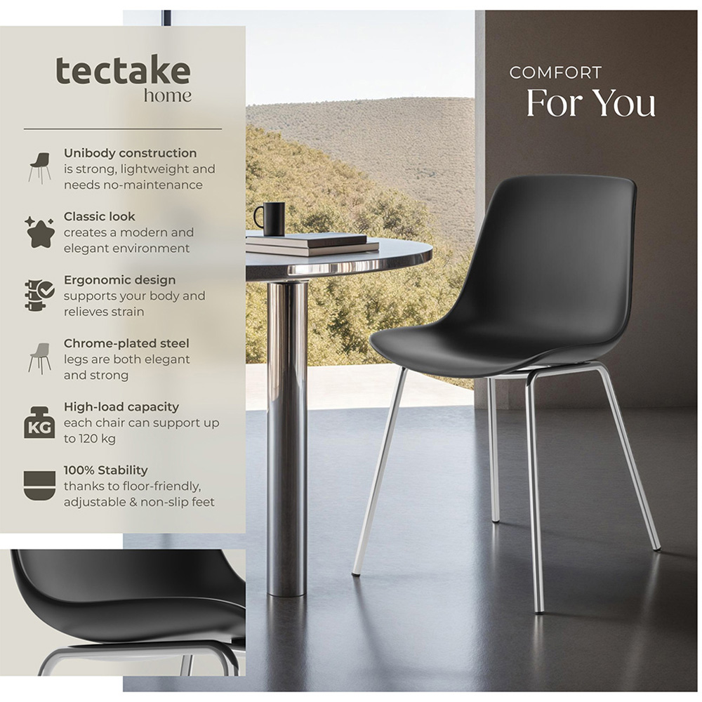 tectake Mave Set of 2 Black and Chrome Ergonomic High Backrest Dining Chair Image 6