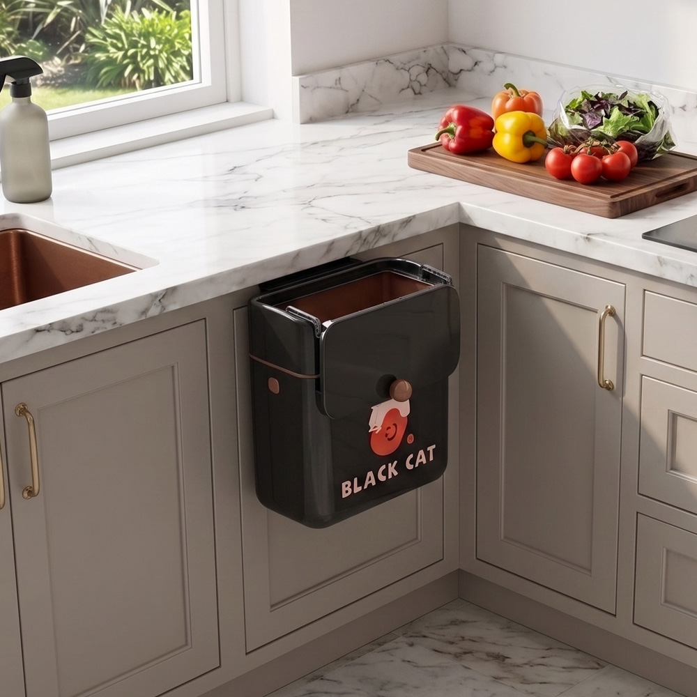 Living and Home Black Cat Print Hanging Kitchen Bin with Lid 28 x 26 x 15cm Image 7